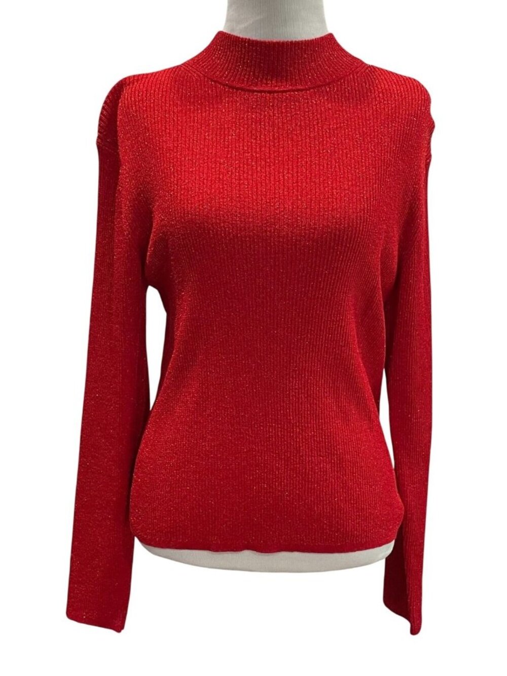 Vintage 90s August Silk Metallic Holiday Turtleneck Sweater L Red Layers Retro